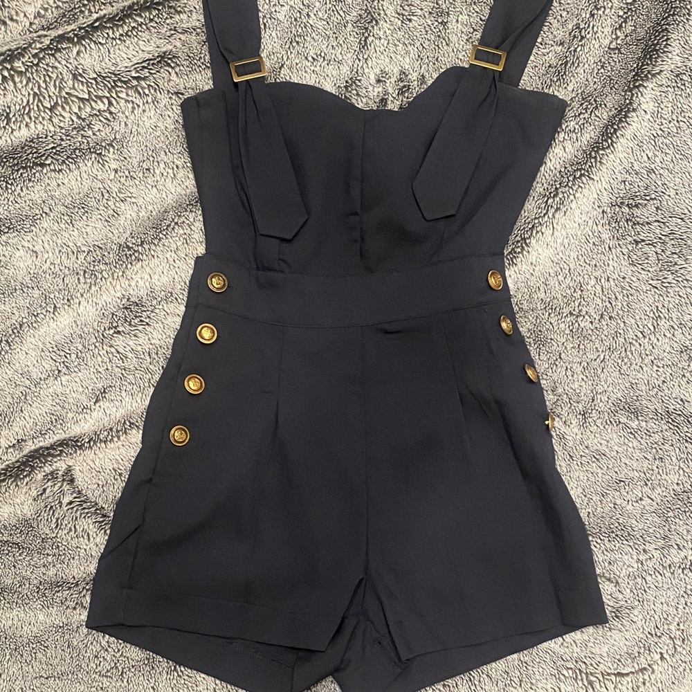 Unique Vintage Navy Romper with Gold Buttons